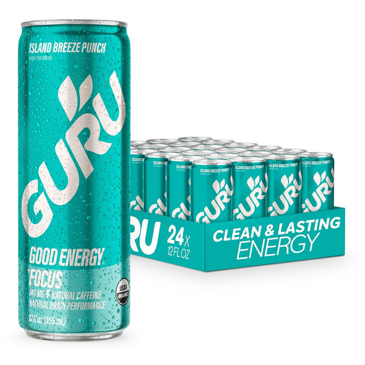 GURU Island Breeze Punch Organic Energy Drinks, Clean Energy Drink with Plant Based Natural Caffeine from Green Tea + Focus with L Theanine, Gluten Free and Vegan, 140MG Caffeine, 12oz (Pack of 24)