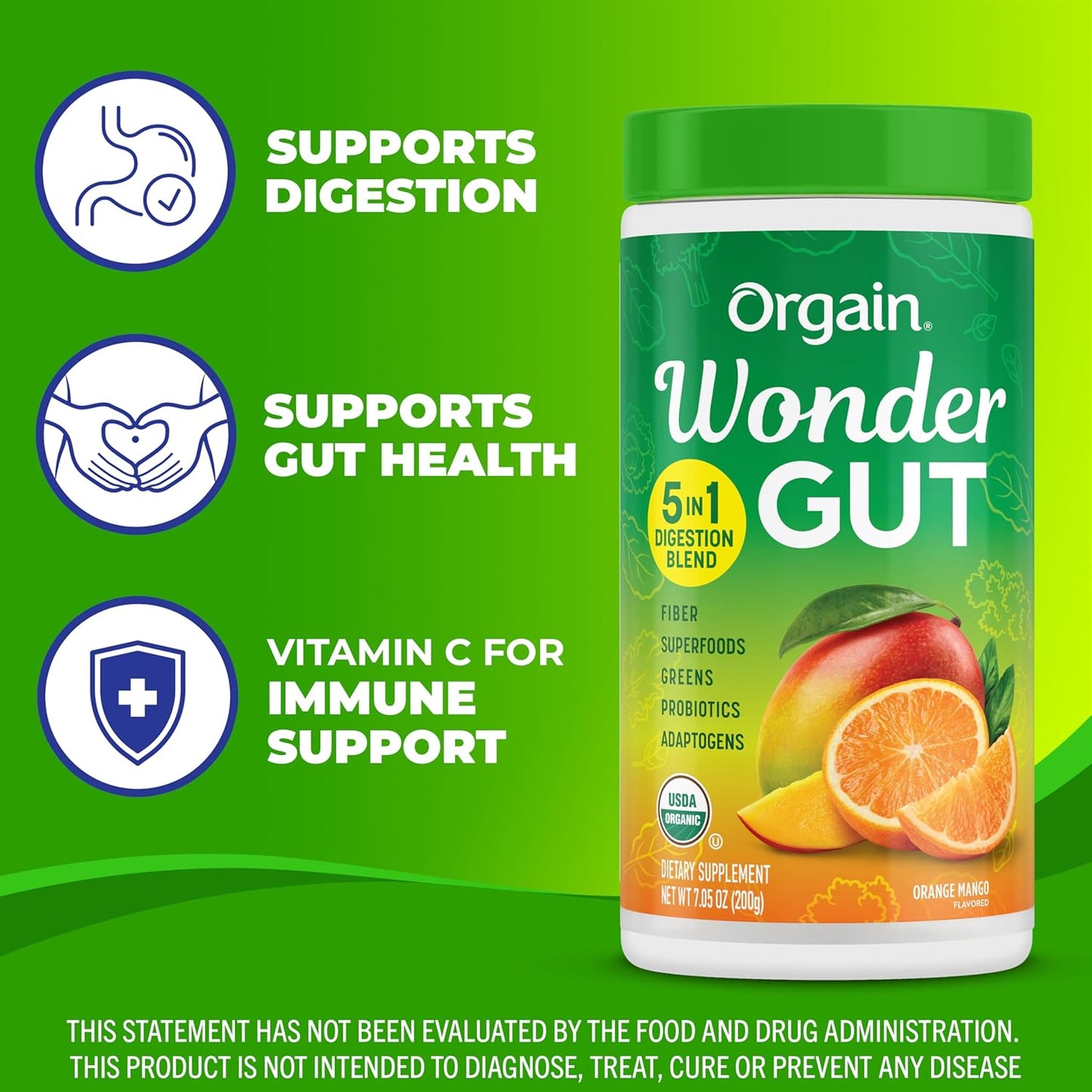 Orgain Organic Wonder Gut Fiber Supplement Powder, 5 in 1 Blend with 1 Billion Probiotics, Greens, Vitamin C, Adaptogens for Gut Health and Immune Support, Non-GMO, Orange Mango, 7.05 oz