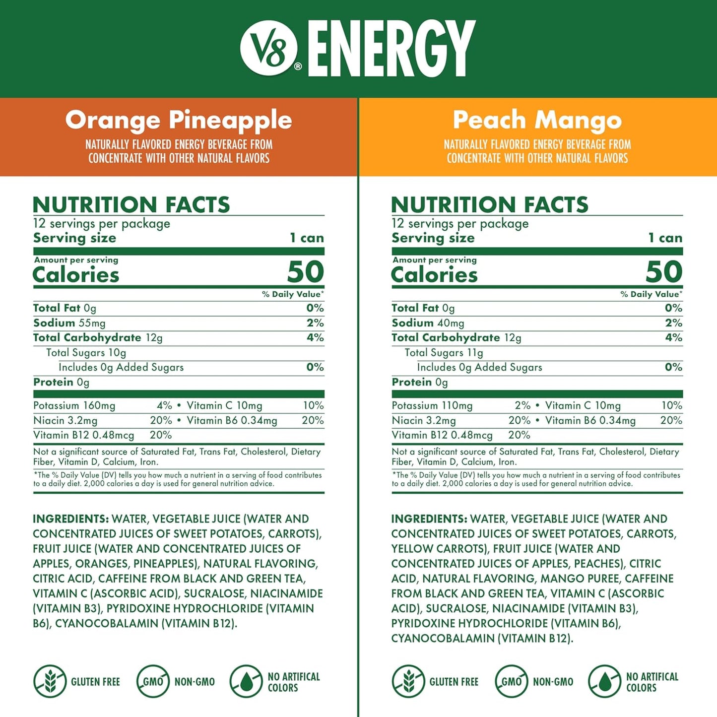 V8 Energy Peach Mango and Orange Pineapple Energy Drinks, 8 fl oz Can (24 Pack)
