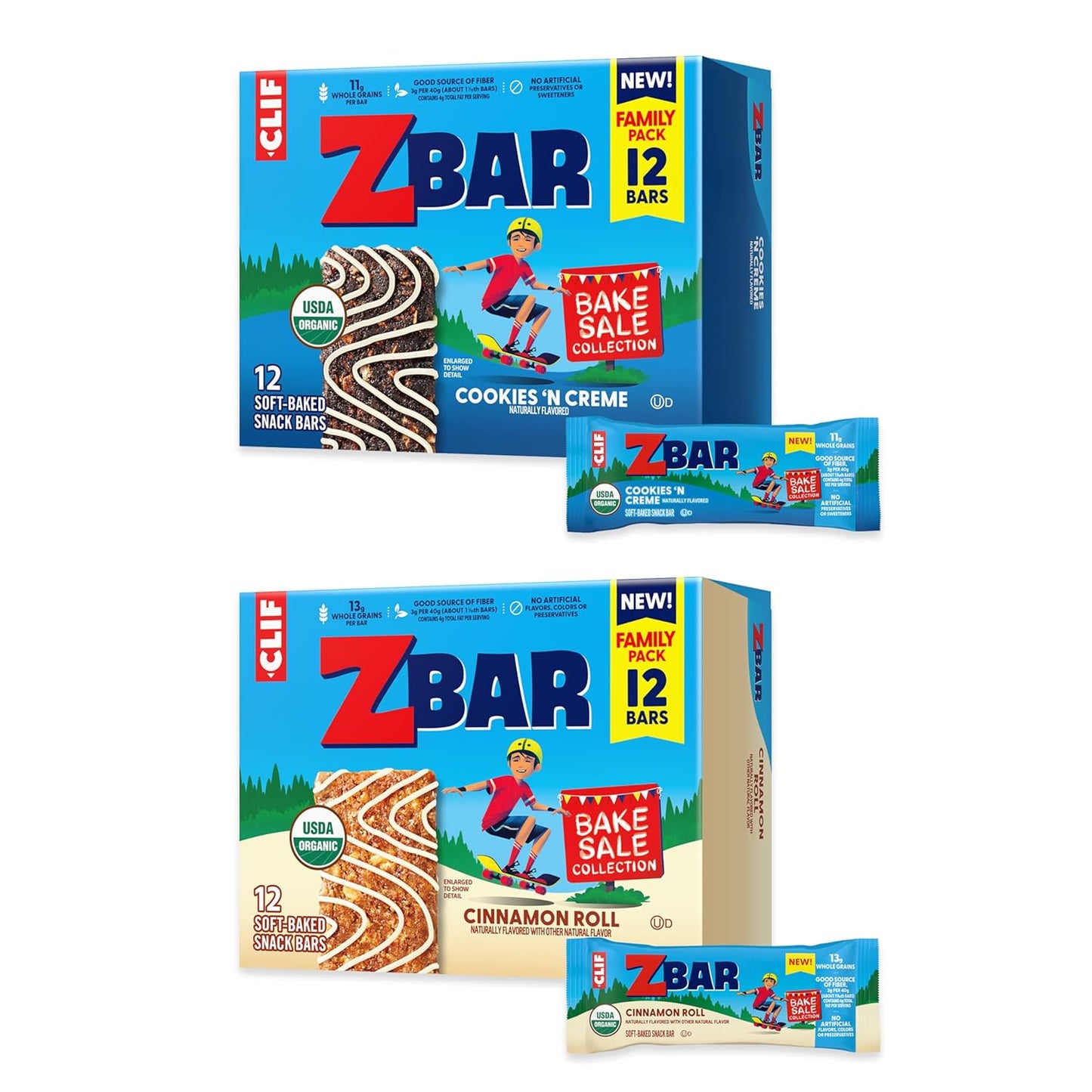 Zbar - Bake Sale Collection - Cookies 'N Creme and Cinnamon Roll Flavor - Soft Baked Snack Bars Variety Pack - Non-GMO - Whole Grains - USDA Organic Granola Bars, School Snacks (24 Pack)
