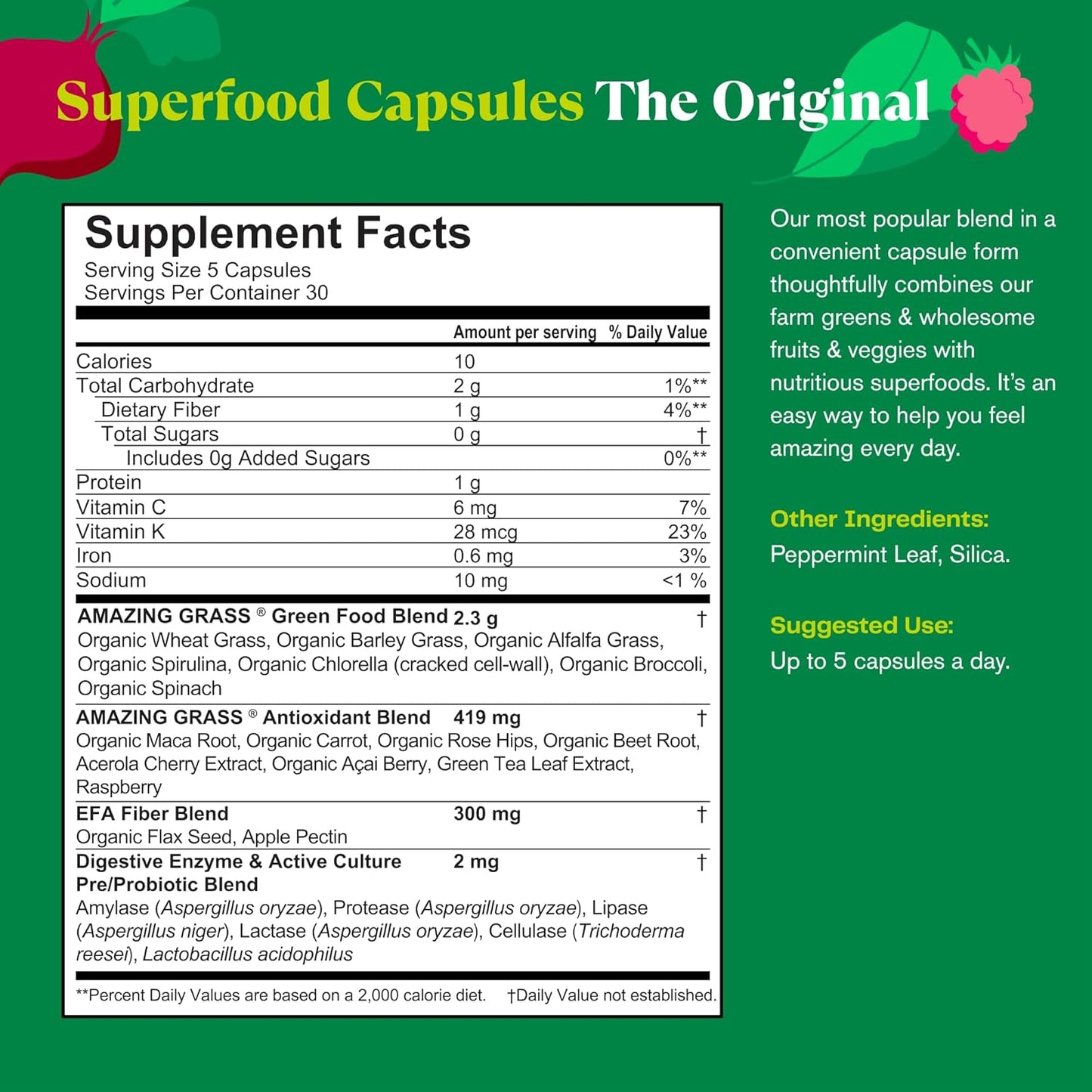 Amazing Grass Greens Blend Superfood Capsules: Super Greens with Organic Spirulina, Chlorella, Beet Root Powder, Digestive Enzymes & Probiotics, 150 Capsules (Packaging May Vary)