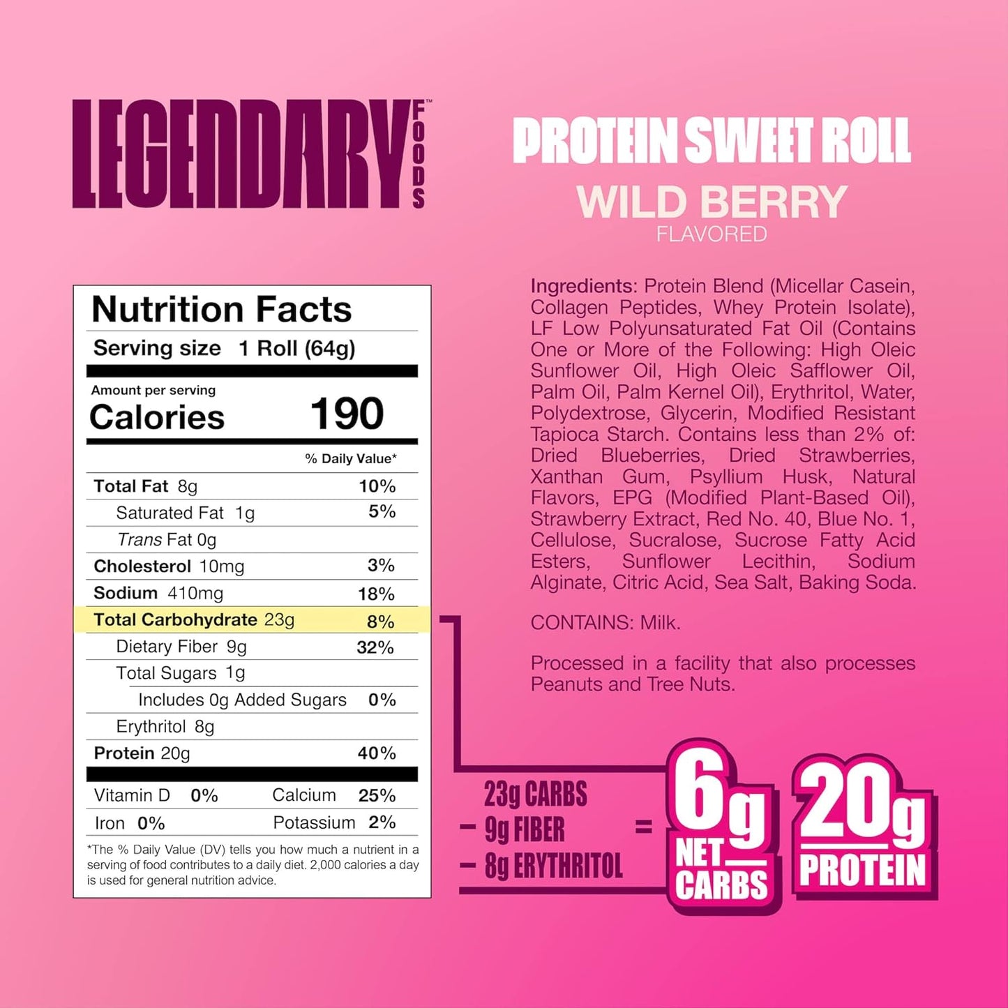 Legendary Foods 20g Protein Wild Berry Sweet Roll - Premium High Protien Bars, Low Carb Meal Replacement Snack, Low Glycemic Index, Gluten Free Snacks - Zero Sugar, Keto and Diabetic Friendly 10-Pack