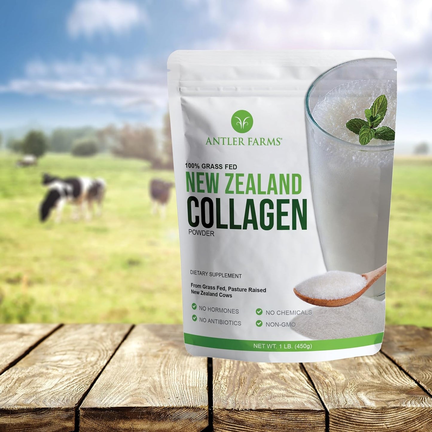 Antler Farms - 100% Pure New Zealand Collagen Powder from Grass Fed Cows, Unflavored, 1 lb - Hydrolyzed Cold Water Soluble Peptides, Keto Friendly, Bioavailable, Quick Dissolving