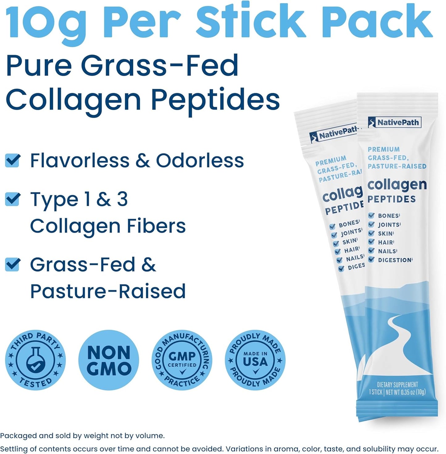NativePath Collagen Peptides Protein Stick Packs - Hydrolyzed Type 1 & 3 Collagen Powder for Skin, Hair, Nails - 30 Servings