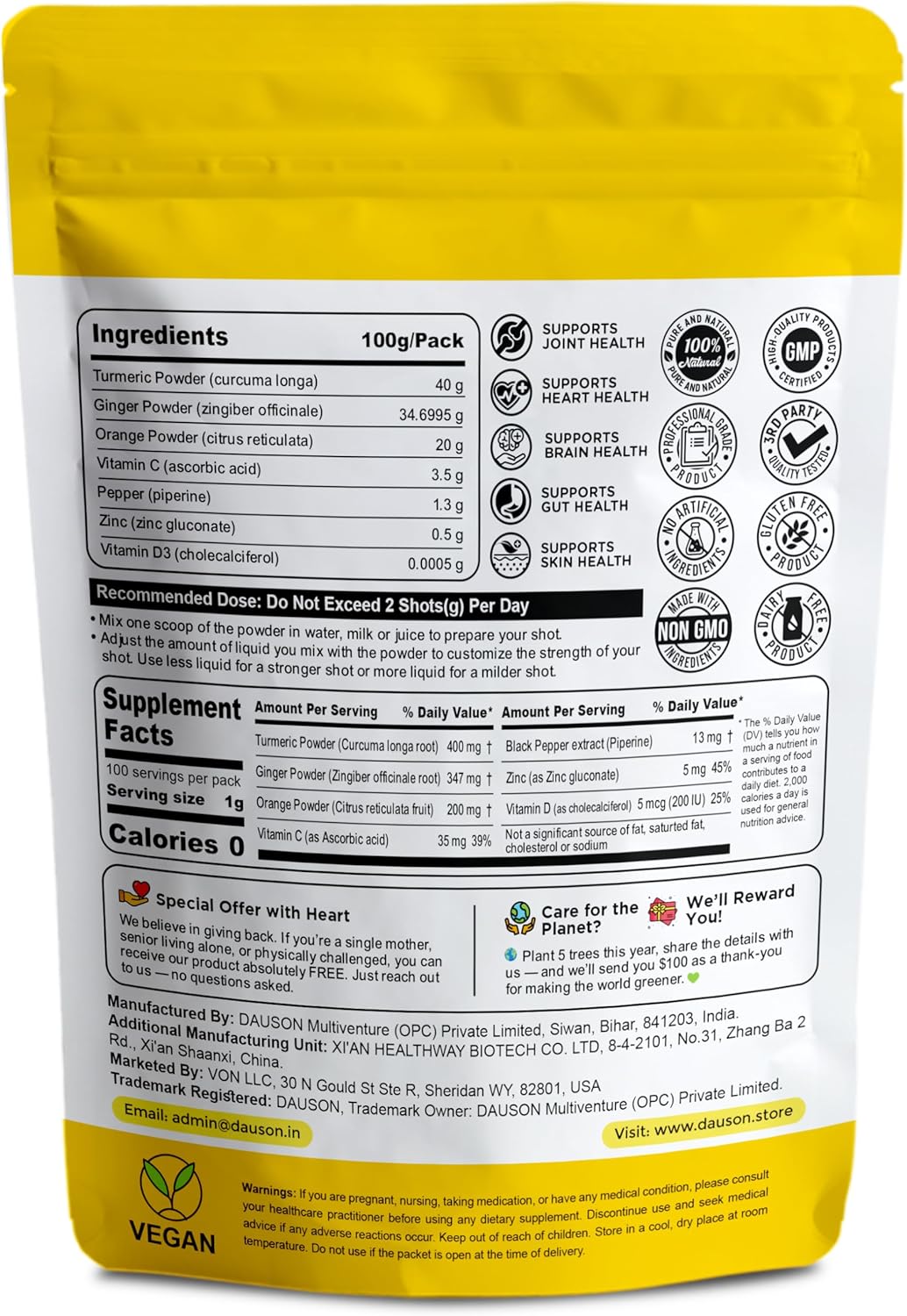 Turmeric Ginger Supplements with Piperine, Vitamin C, Vitamin D3 & Zinc | Turmeric Ginger Shots for Joint, Heart, Brain, Gut & Skin Health | 100 Servings | Ayurvedic | Powder