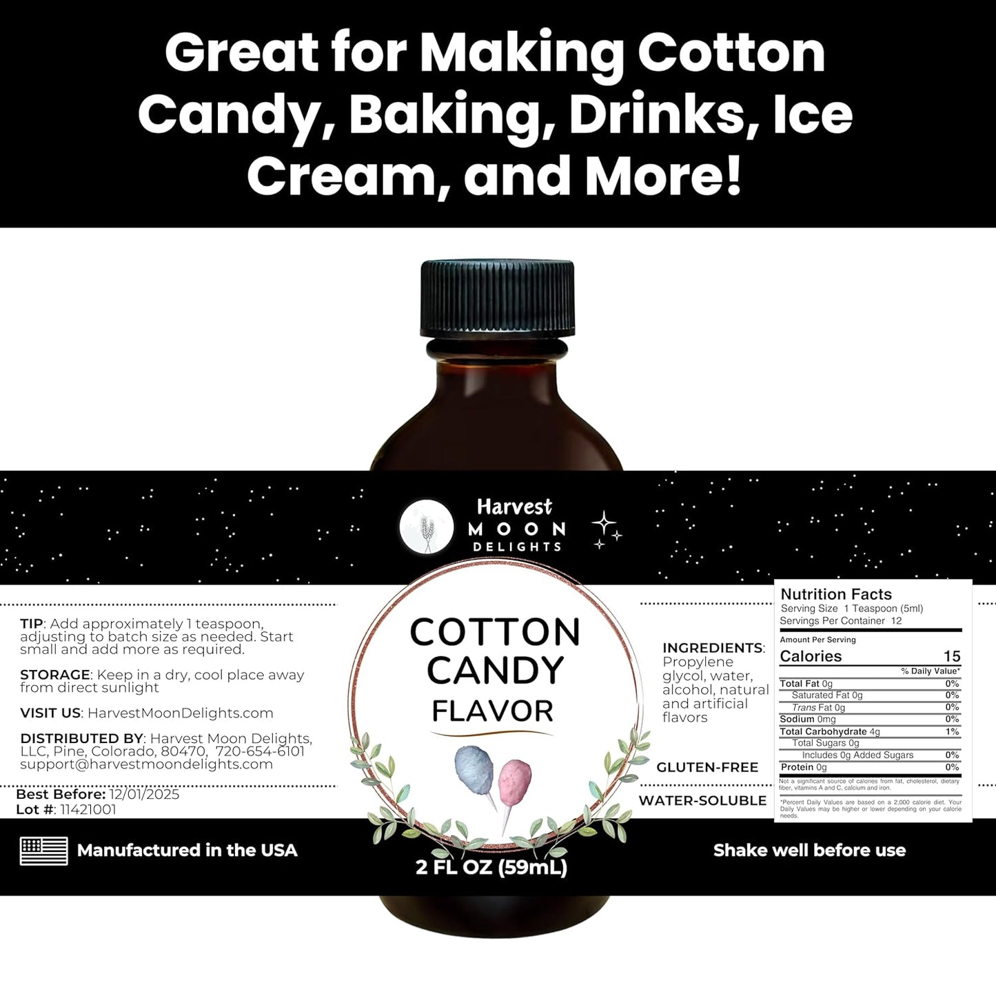 Cotton Candy Flavoring Extract - 2 oz - Water-Soluble - By Harvest Moon Delights - Cotton Candy Extract for Baking, Ice Cream, Drinks, and Candy - Flavor - Sugar Free