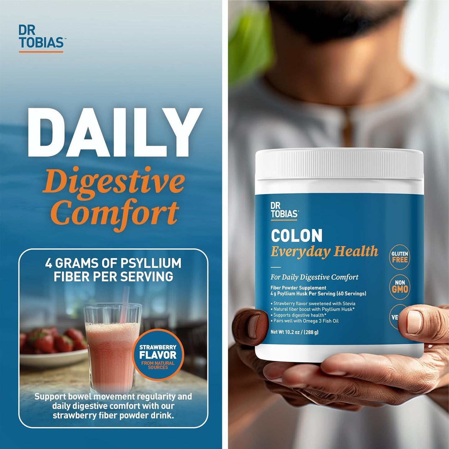 Dr. Tobias Colon Everyday Health - Gut Health for Women & Men - Psyllium Fiber Powder Drink with 4g Psyllium Husk Powder per Serving, Vegan, Gluten Free, Non-GMO, Strawberry Flavor, 60 Servings