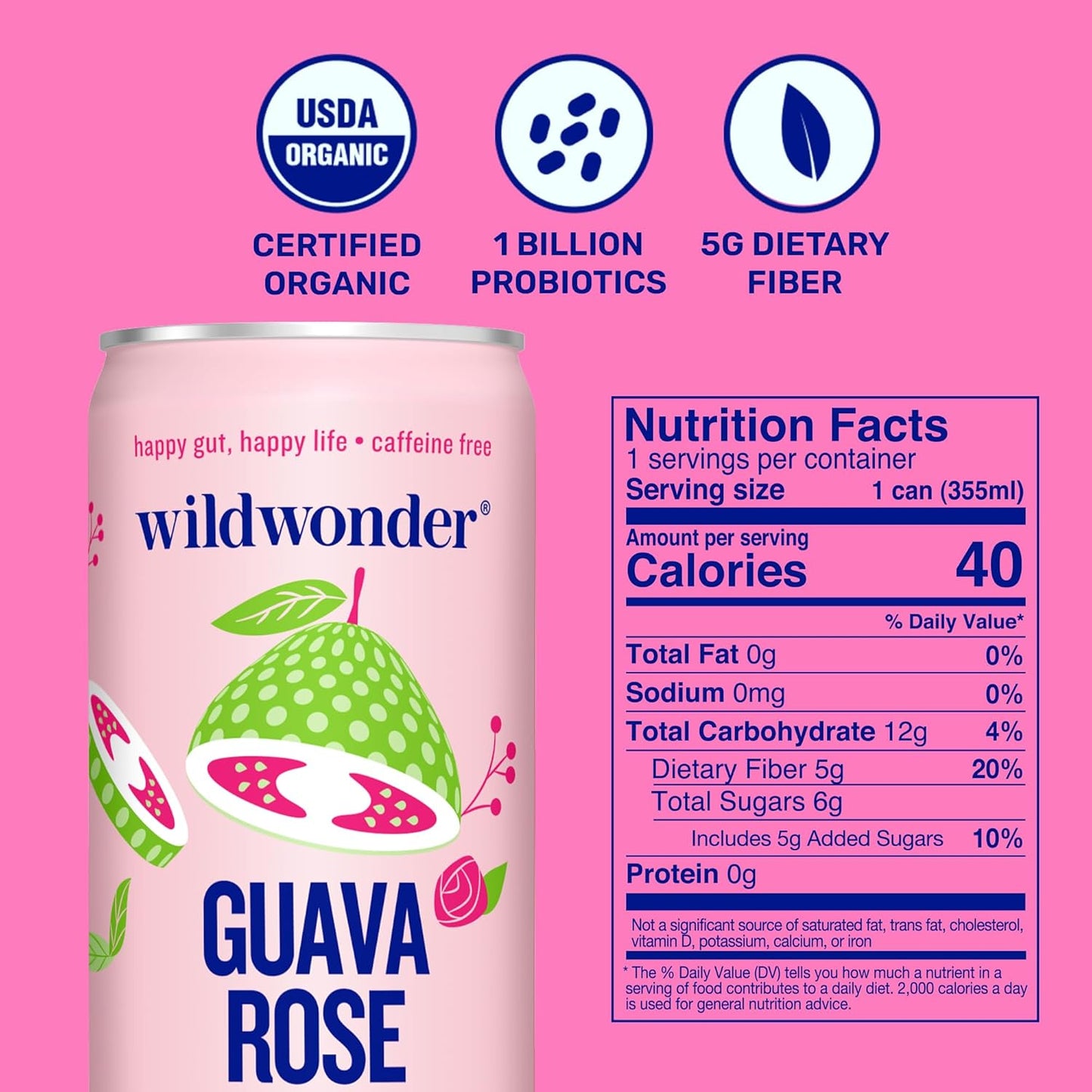 wildwonder Sparkling Probiotic Drink 12pk, For Gut Health & Immune Support, Guava Rose, 5g Prebiotic Fiber, Live Probiotics, Organic, Vegan, Low Sugar, 12 Pack, 12oz Can, As Seen on Shark Tank
