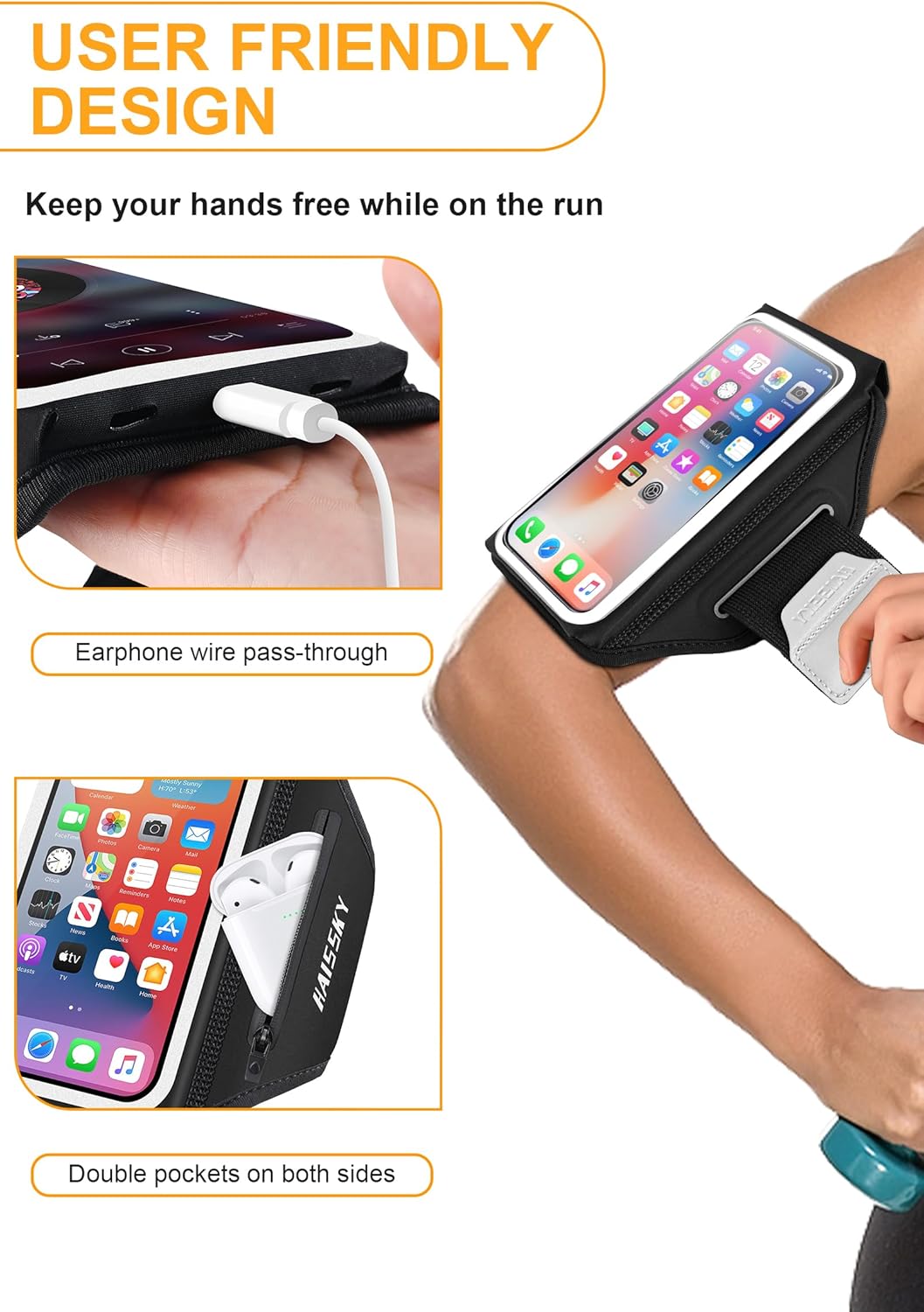 Running Armband with Earphone Bag Cell Phone Armband for iPhone 16 15 Pro 14 Plus 13 11 XR XS, Galaxy S24/S10 Water Resistant Sports Phone Holder Case & Zipper Slot Car Key Holder for 6.9 inch Phone