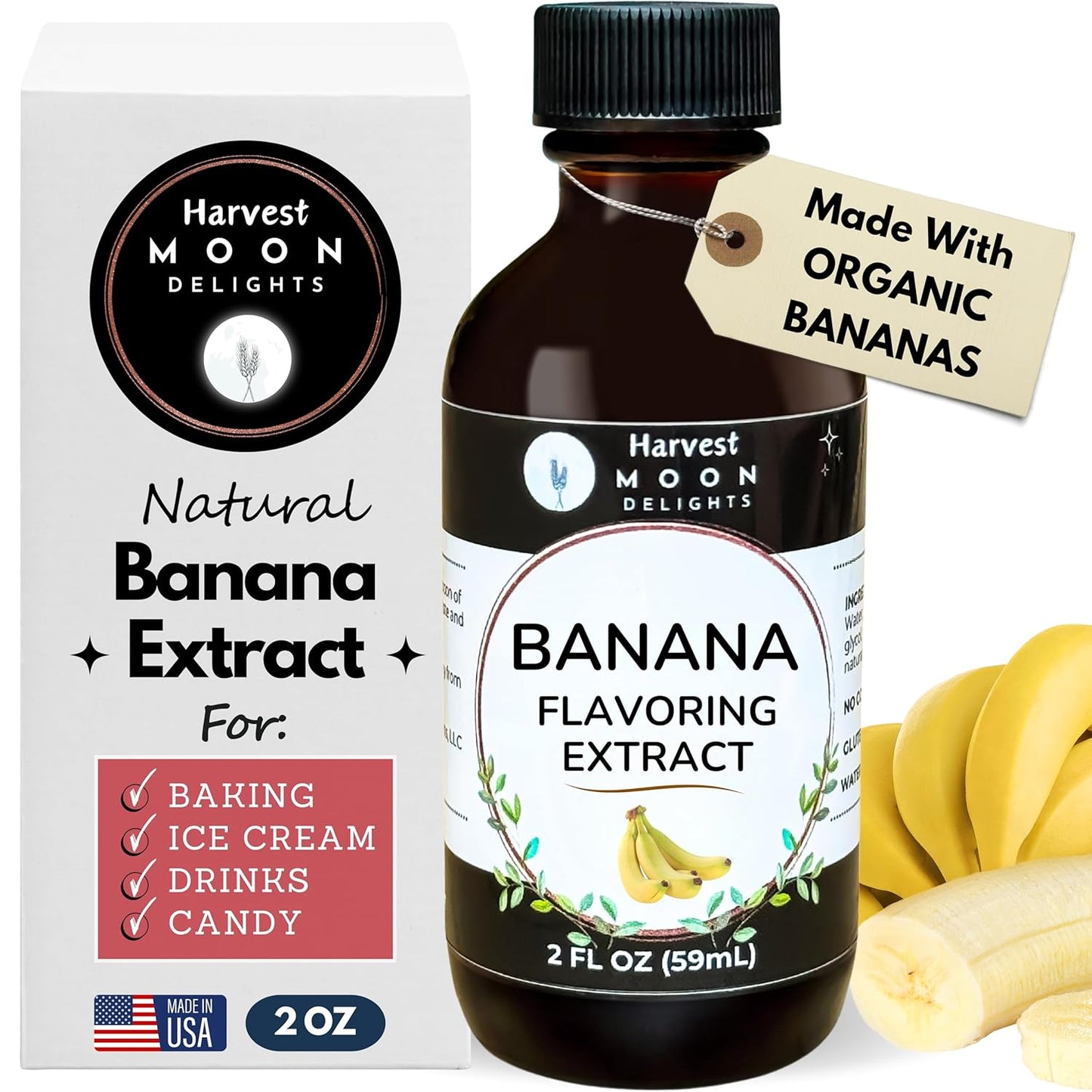 Natural Banana Extract - 2 oz - Water-Soluble - By Harvest Moon Delights - Banana Extract for Baking, Ice Cream, Drinks, and Candy - Sugar Free