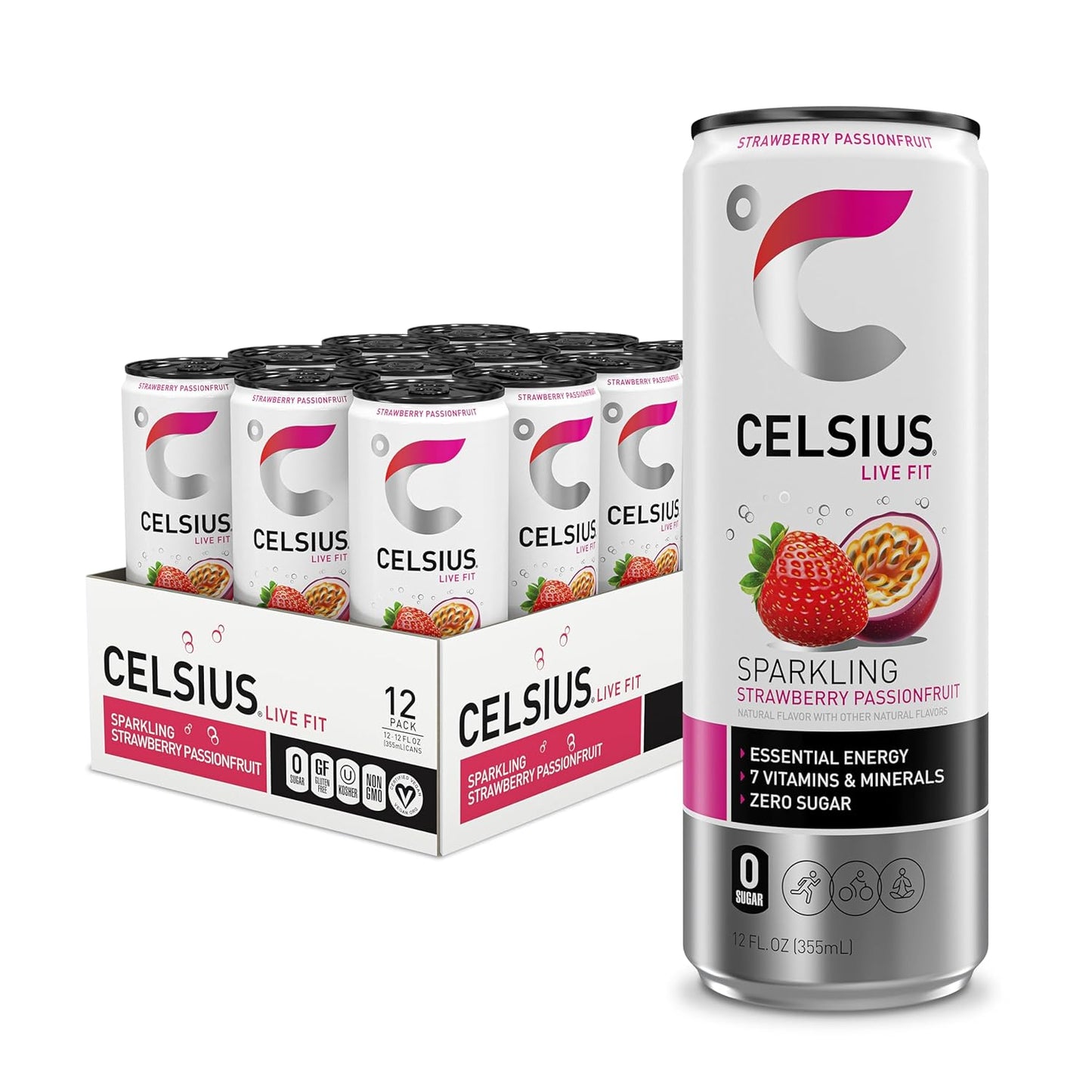 CELSIUS Sparkling Strawberry Passionfruit, Sugar Free Energy Drink, 12 Fl Oz (Pack of 12)
