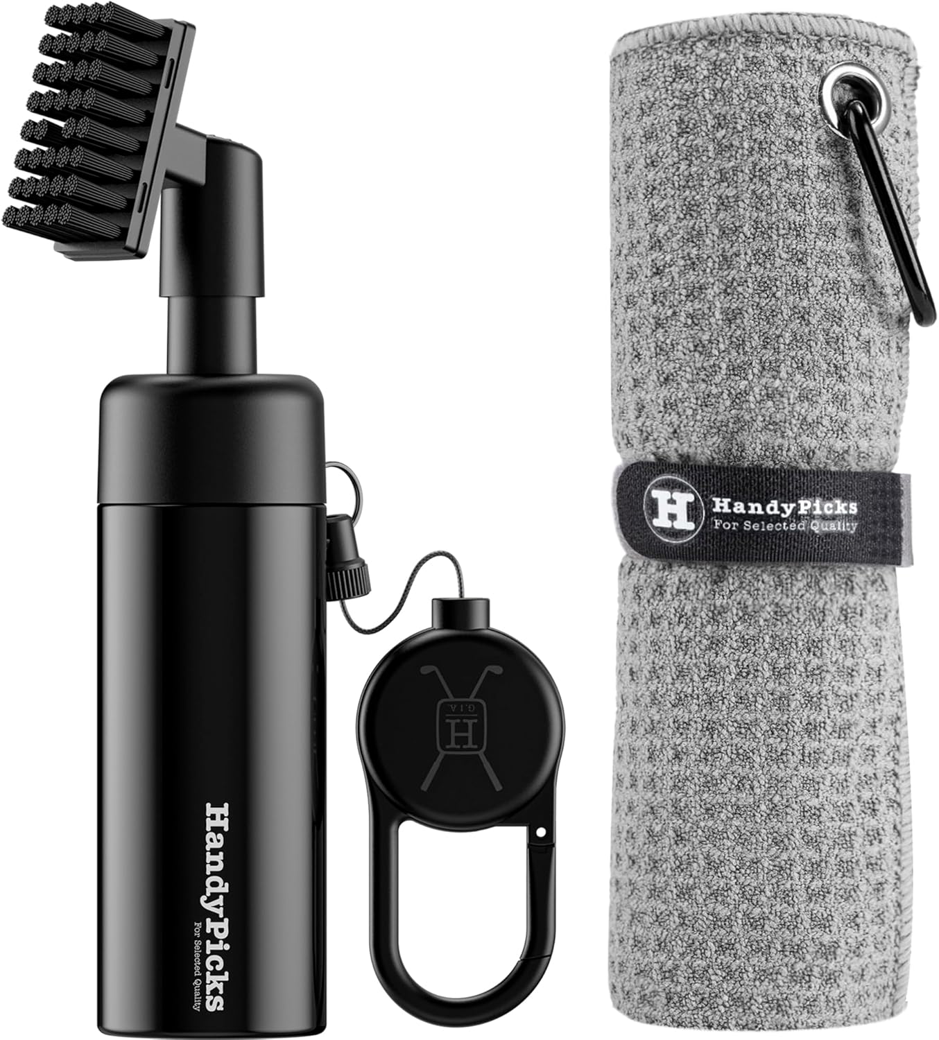 Handy Picks Golf Club Cleaner with Water Bottle Holds 5.5 OZ, Heavy Duty Metal Retractable Magnetic Clip, Waffle Microfiber Golf Towel, Ideal Water Brush Combo