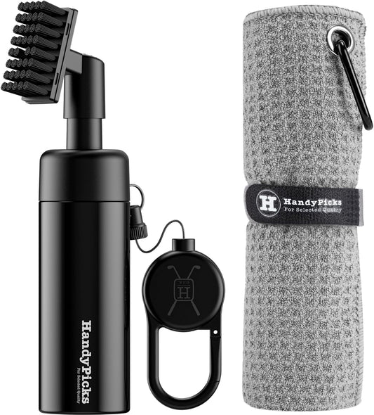 Handy Picks Golf Club Cleaner with Water Bottle Holds 5.5 OZ, Heavy Duty Metal Retractable Magnetic Clip, Waffle Microfiber Golf Towel, Ideal Water Brush Combo