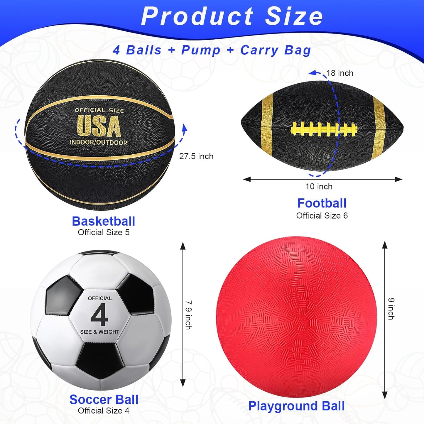 Deekin 4 Pcs Sport Balls Set for Kids Teens, Include Official Size 5 Basketball 4 Soccer 6 Football Playground Ball and Pump Sports Equipment Bag Recess Equipment Sport for Students(Classic Color)