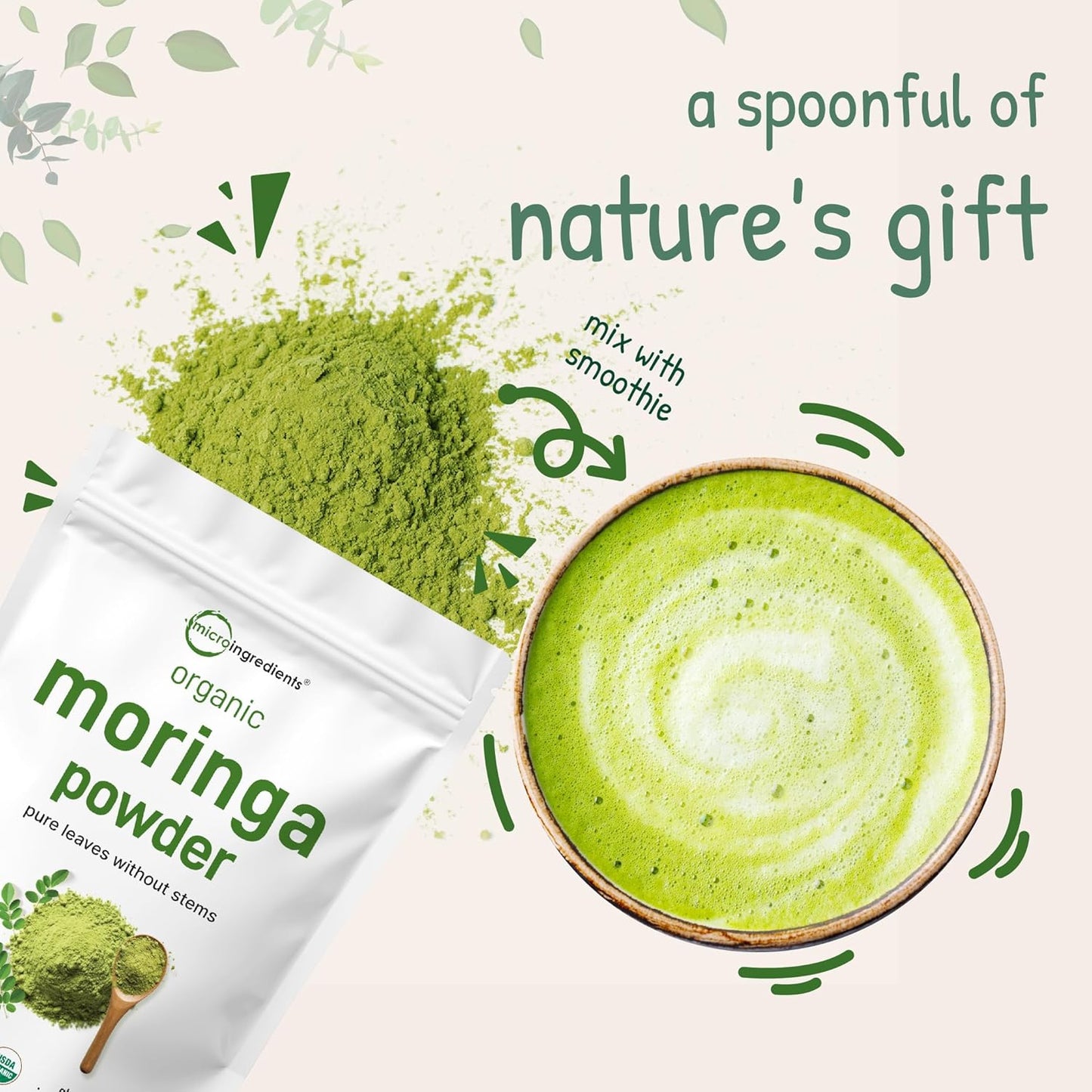 Organic Moringa Oleifera Leaf Powder, 1 Pound | Rich in Antioxidants & Immune Vitamins | Pure Leaves Without Stems | Great Superfoods for Tea or Drink | India Grown, Vegan