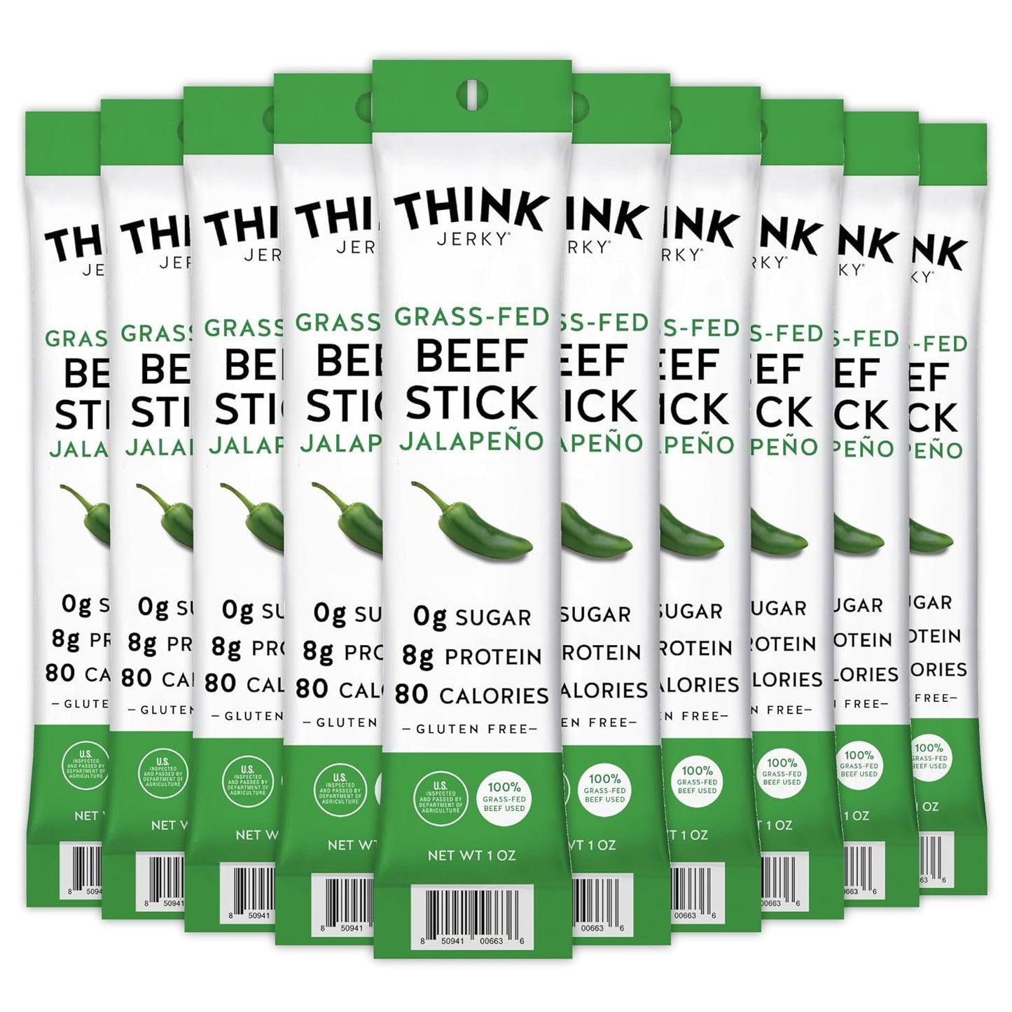 Think Jerky, Jalapeno Grass-Fed Beef Sticks, Master Case,1 Ounce (10 packs of 5) Sugar Free, Gluten Free, No Nitrates, Keto Friendly, Paleo, High Protein, Low Carb