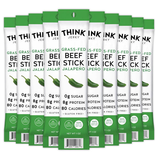 Think Jerky, Jalapeno Grass-Fed Beef Sticks, Master Case,1 Ounce (10 packs of 5) Sugar Free, Gluten Free, No Nitrates, Keto Friendly, Paleo, High Protein, Low Carb