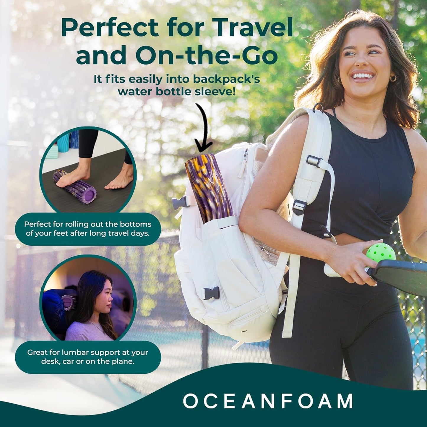 Oceanfoam Ripple Travel Foam Roller (11" x 3.35") Firm Mini Foam Roller for Physical Therapy, Deep Tissue Massage, Back Pain - High Density, Wave Textured - Yoga (Purple, Gold & Natural Marbled)