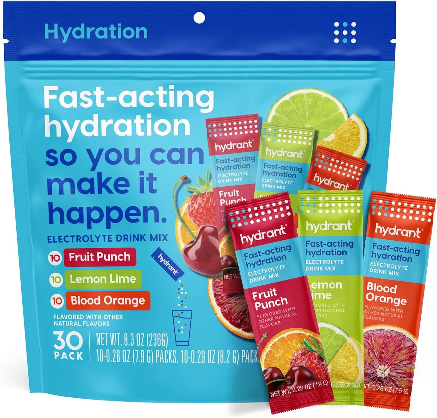 HYDRANT Hydrate Variety 30 Stick Packs, Electrolyte Powder Rapid Hydration Mix, Hydration Powder Packets Drink Mix, Helps Rehydrate Better Than Water