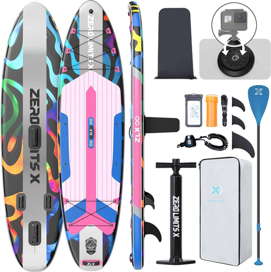 ZLX Inflatable Stand Up Paddle Board, 10'6" SUP Non-Slip Stable Deck Pad, Unique Center Fin, Premium Accessories, Portable Paddleboard for Adults, Beginners, All Skill Levels