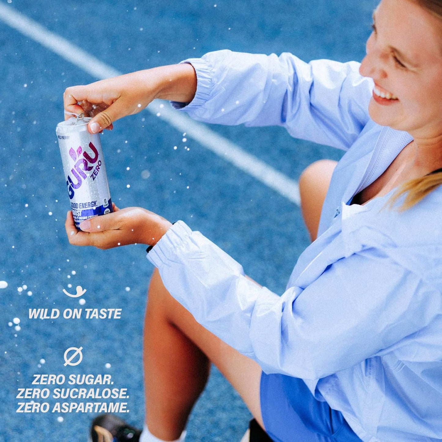 GURU ZERO SUGAR Wild Berry Organic Energy Drink with Plant Based Natural Caffeine from Green Tea, Coconut Water, Prebiotic, Zero Added Sugars, Gluten Free & Vegan, Pre Workout, 140MG Caffeine, 12 Oz (Pack of 24)