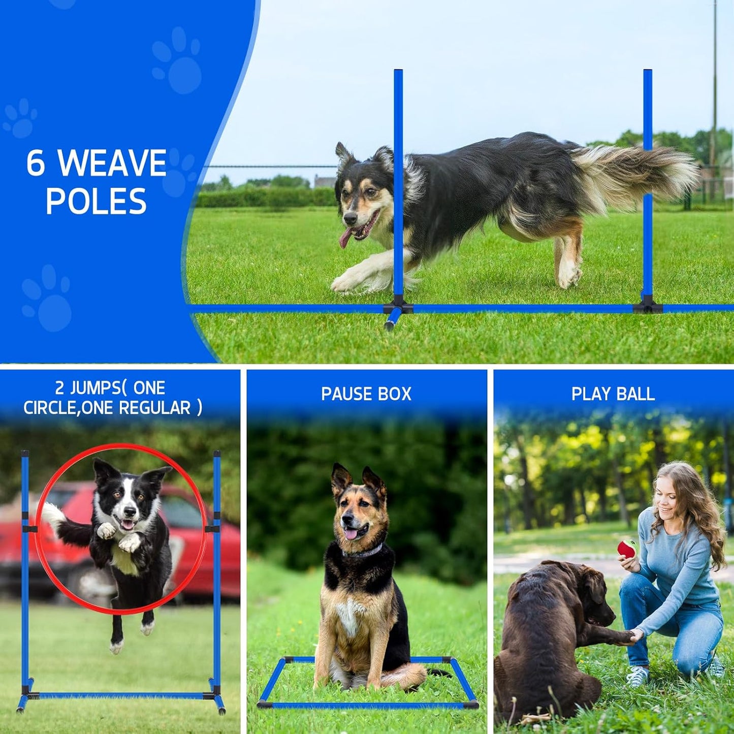 Dog Agility Course Backyard Set Dog Agility Equipment Obstacle Course Backyard Includes Adjustable High Hurdle,6 Weave Poles,Extended Tunnel,Jump Ring,Square Pause Box,2 Balls,Whistle,2 Carrying Bags