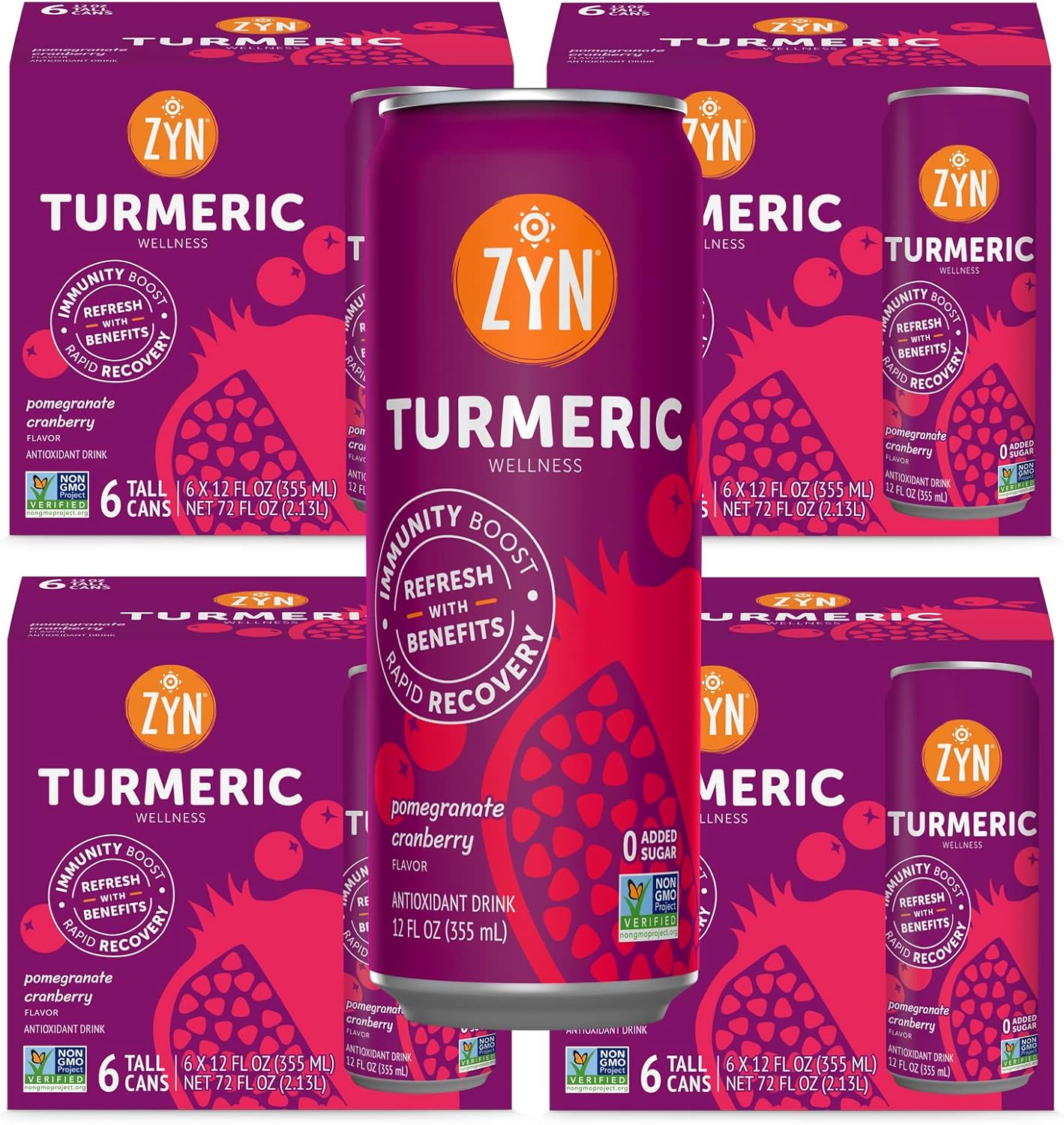 ZYN Turmeric Wellness Drink (24 Pack), Pomegranate Cranberry Flavored Turmeric Curcumin Drink with Black Pepper, No Added Sugar, Low Carb & Low Calorie Drink, Clean Alternative
