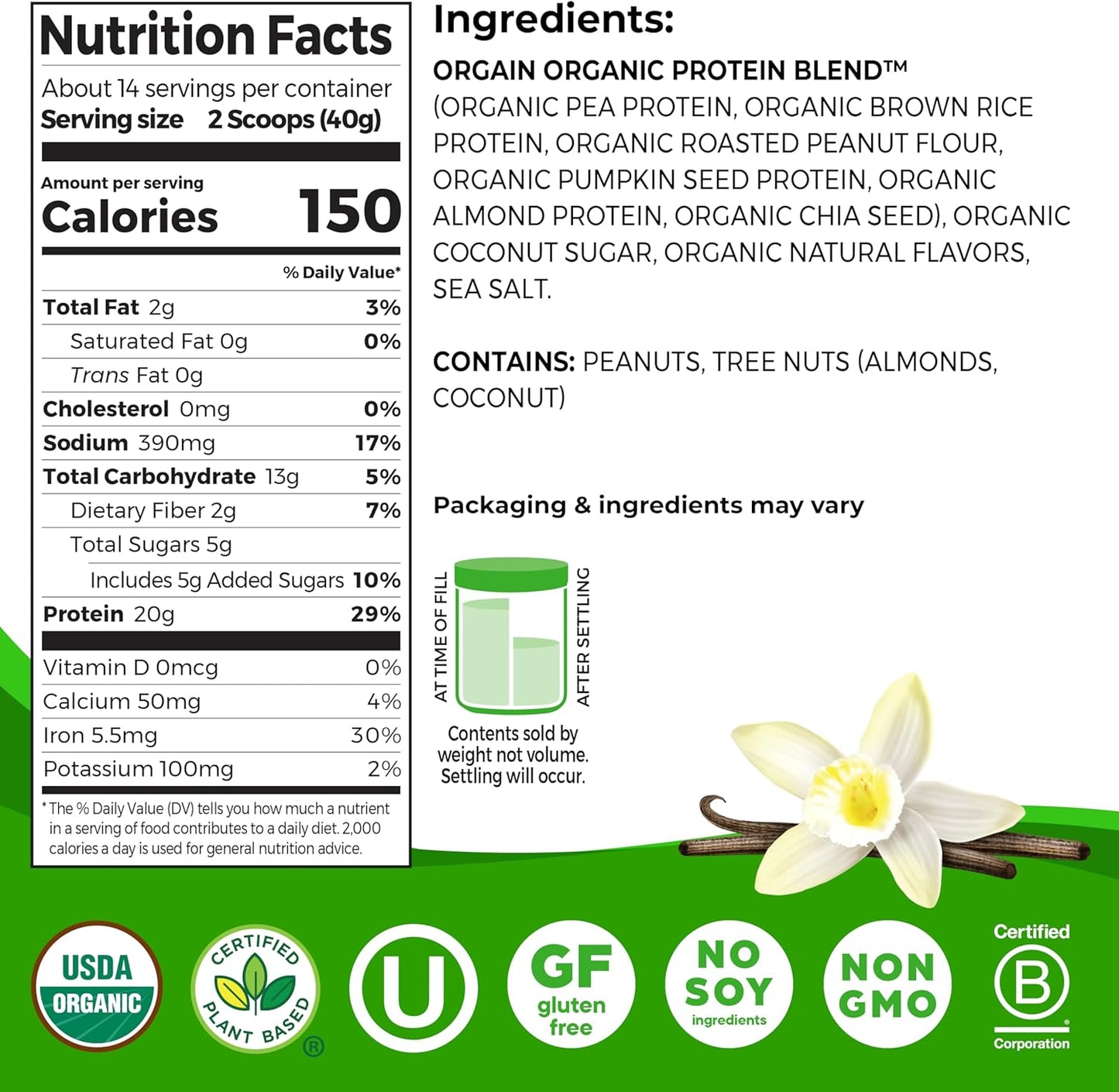 Orgain Organic Simple Vegan Protein Powder, Vanilla - 20g Plant Based Protein, Made with less Ingredients, No Artificial Sweeteners, Gluten Free, No Dairy or Lactose, 1.25 lb (Packaging May Vary)