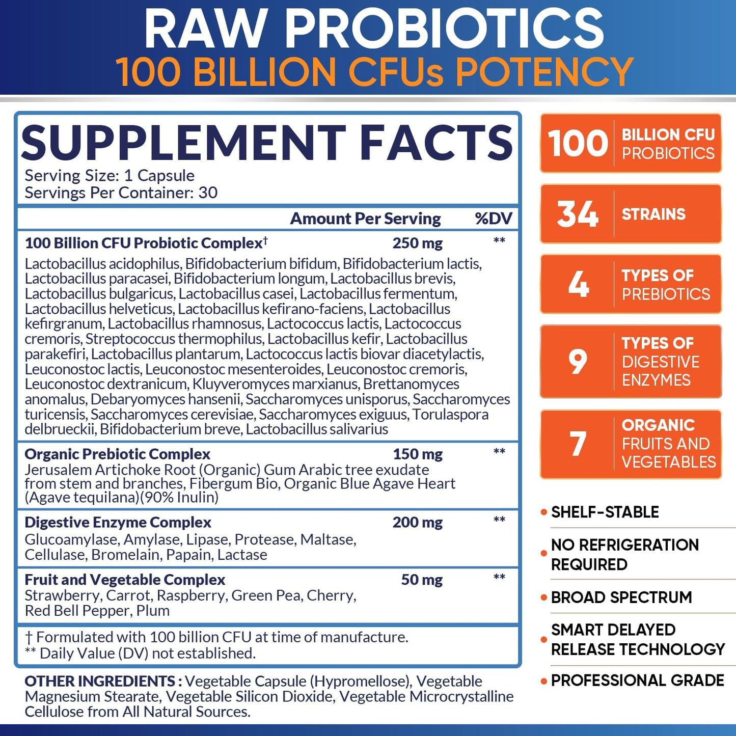 Wholesome Wellness Organic Raw Probiotics 100 Billion CFU, Dr Formulated for Women and Men, Complete Adult Supplement with Prebiotics and Digestive Enzymes; 30 Capsules, Shelf Stable