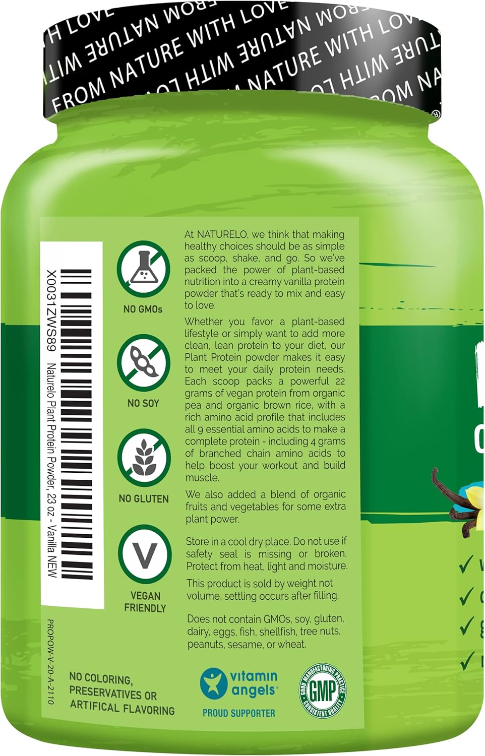 NATURELO Plant Protein Powder, Vanilla, 22g Protein - Non-GMO, Vegan, No Gluten, Dairy, or Soy - No Artificial Flavors, Synthetic Coloring, Preservatives, or Additives - 20 Servings