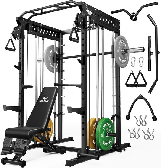 M21 Smith Machine, Multi-Function Power Cage with Dual Pulley Cable Crossover System, 2000LBS All-in-One Squat Rack with Smith Bar and Attachments