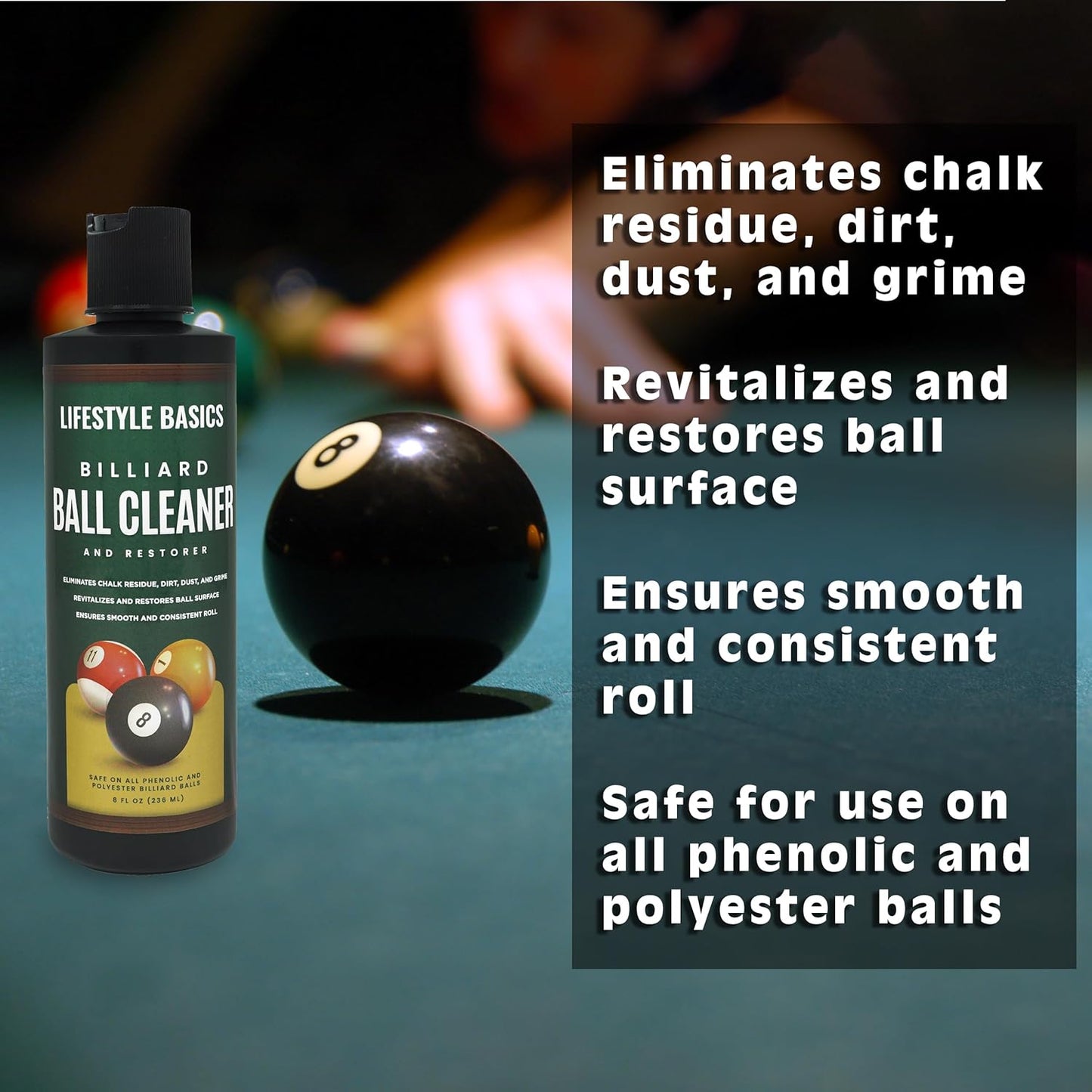 Billiard Ball Cleaner and Restorer Polish | All-in-One Pool Ball Cleaner | Removes Chalk Residue, Dust, Dirt, and Grime