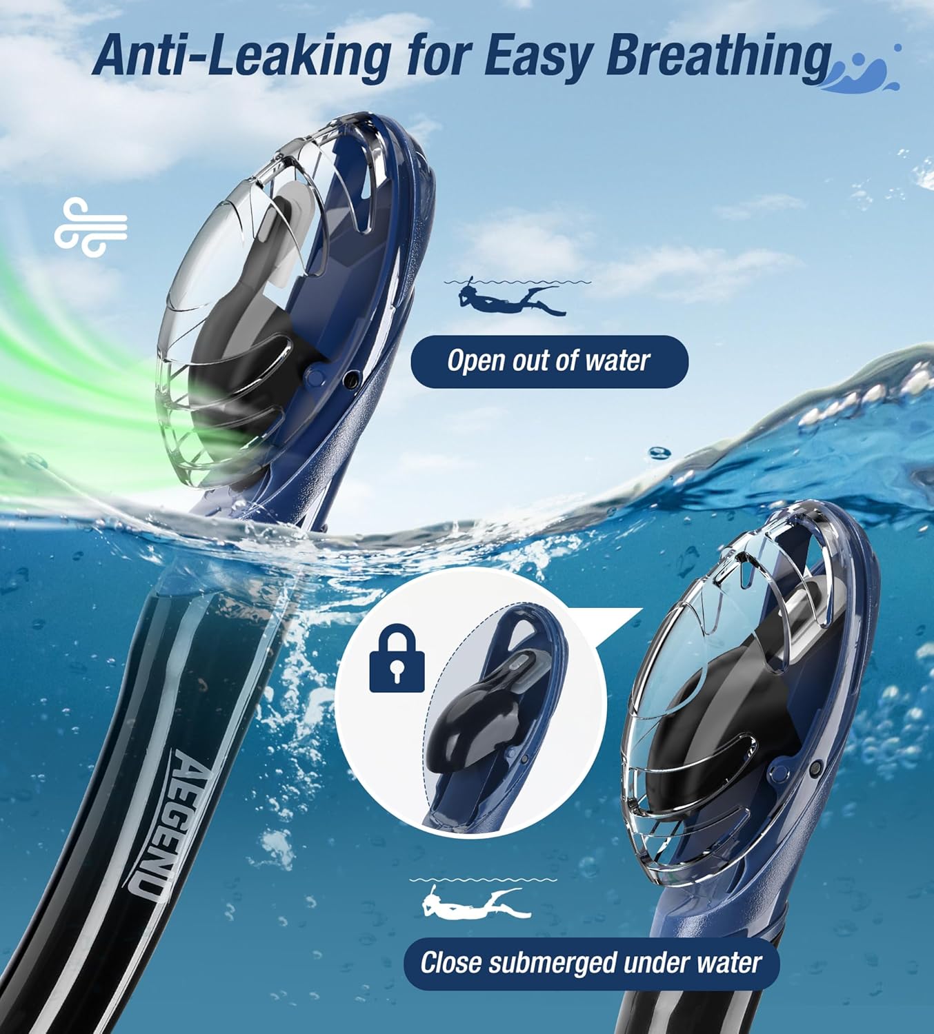 Aegend Dry Snorkel, Dive Mask Easy-Breath Free Diving Snorkel for Snorkeling Scuba Diving Freediving Swimming, with Top Dry Valve and Food-Grade Silicone Mouthpiece