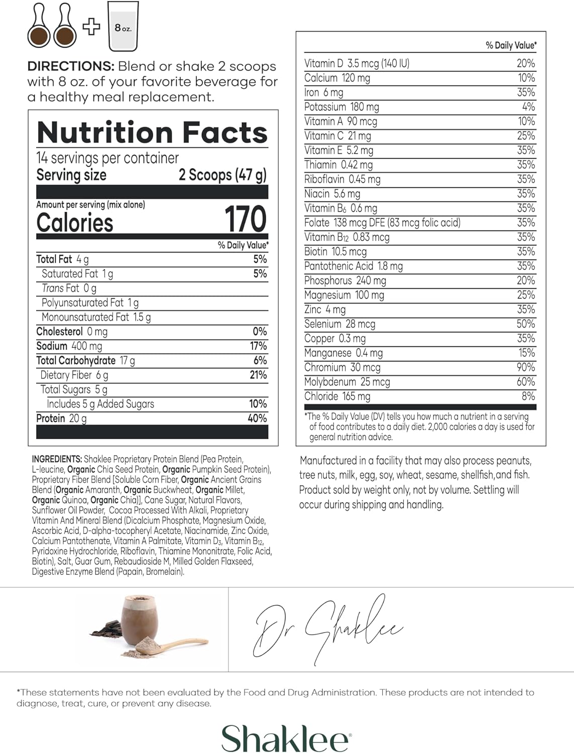 Shaklee Life Shake™ Plant Protein Rich Chocolate - Complete Meal Replacement with 20g Protein, 6g Fiber, 24 Vitamins & Minerals - Supports Satiety & Healthy Weight - Non-GMO - 14 Servings