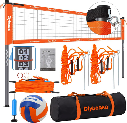 Portable Outdoor Volleyball Net Set System for Backyard Beach with Heavy Duty Poles, Durable Net, PU Volleyball & Pump, Carry Bag