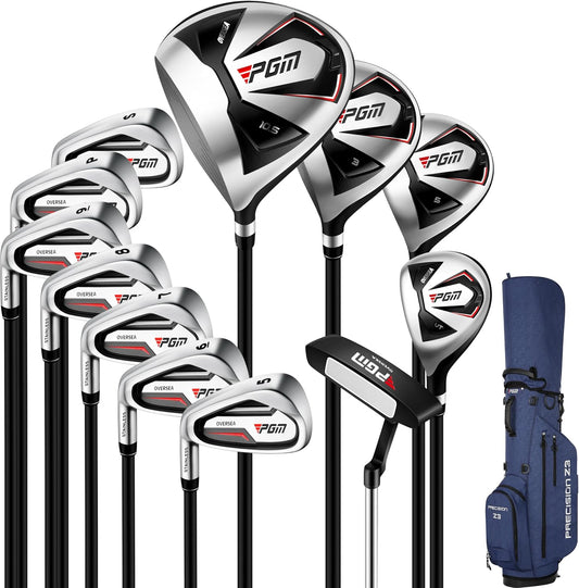 PGM Men's Oversea 9/12 Pieces Complete Golf Club Set with High-Strength Thin Face Design 460cc Driver High Forgiveness Ideal for Beginners