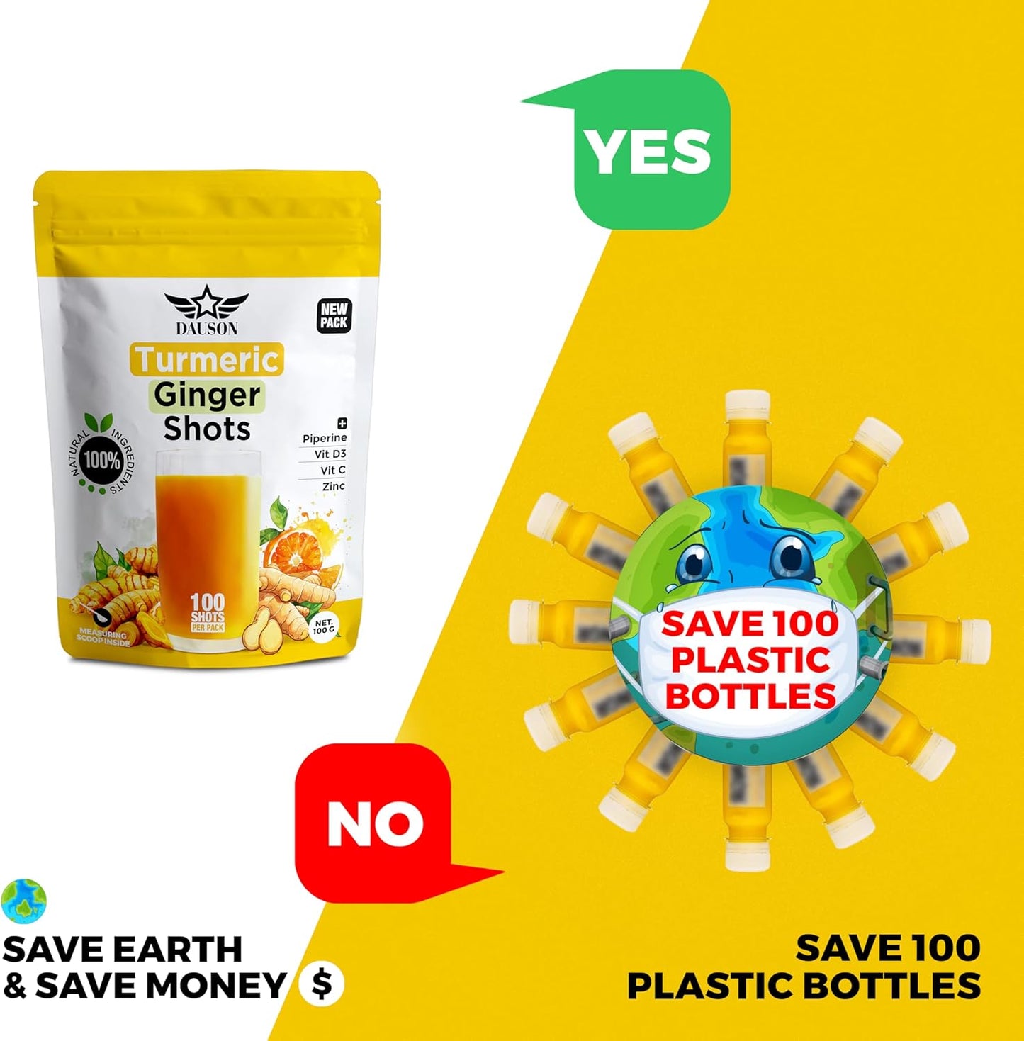 Turmeric Ginger Supplements with Piperine, Vitamin C, Vitamin D3 & Zinc | Turmeric Ginger Shots for Joint, Heart, Brain, Gut & Skin Health | 100 Servings | Ayurvedic | Powder