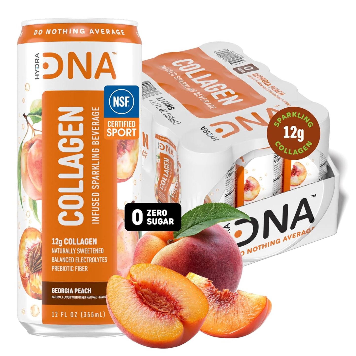 HYDRADNA- Sparkling Liquid Collagen Protein Water Drink Balanced Nutrients for Wellness - Sugar-Free - Keto-Friendly - No Gluten (12 Pack) Georgia Peach