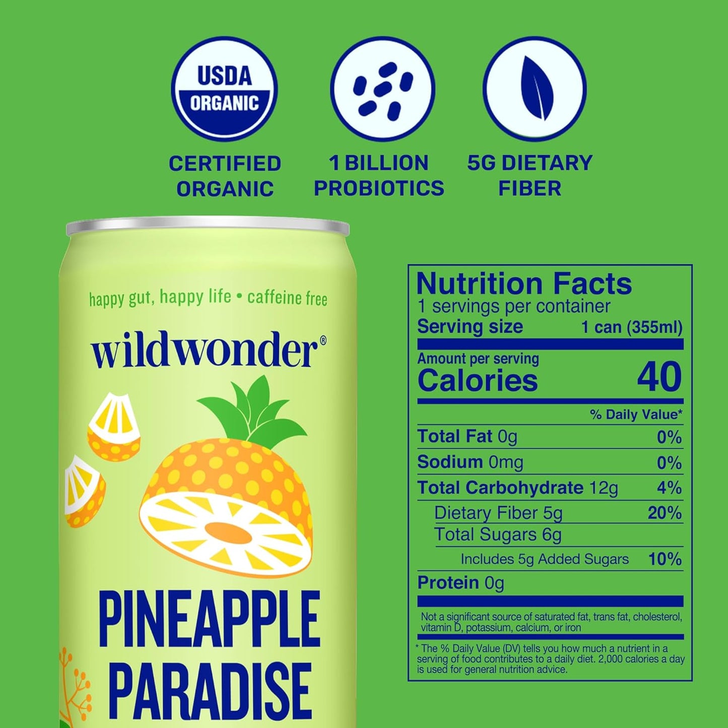 wildwonder Sparkling Probiotic Drink 12pk, For Gut Health & Immune Support, Pineapple Paradise, 5g Prebiotic Fiber, Live Probiotics, Organic, Vegan, Low Sugar, 12 Pack, 12oz Can, As Seen on Shark Tank