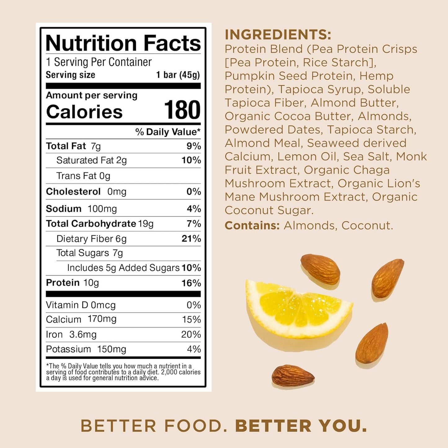 Laird Superfood Functional Protein Bars – Protein Bar but Better with Real Ingredients, Functional Mushrooms 10g Plant-Based Protein, 6g Fiber - Non-GMO - Lemon Almond, 10 Count (Pack of 1)