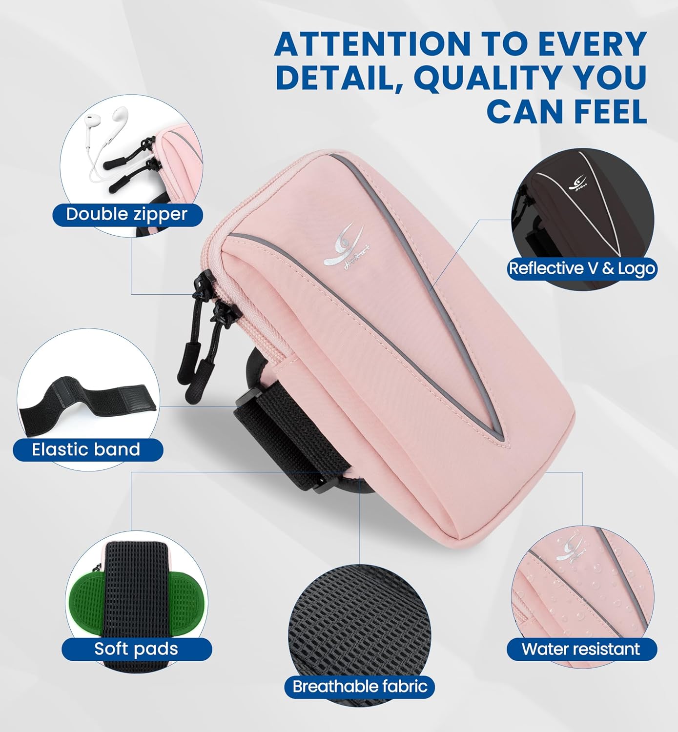 HiRui Cell Phone Holder Arm Bag & Wrist Bag for Phone, Sports Running Armband for Gym & Cycling, Compatible with iPhone 16/16Pro/Plus/15/14 Samsung Galaxy All Phones, Reflective & Adjustable (Pink)