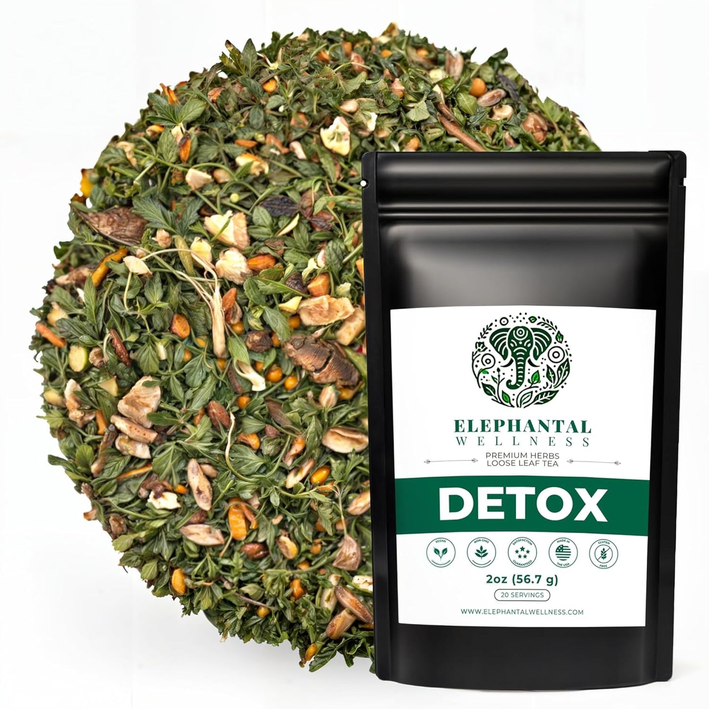 Elephantal Wellness Premium Detox Herbal Tea | Daily Liver, Kidney, Blood & Digestive Support with Turmeric, Nettle Tea, Milk Thistle, Dandelion Tea & Burdock | Handmade, Caffeine-Free Loose Leaf Blend