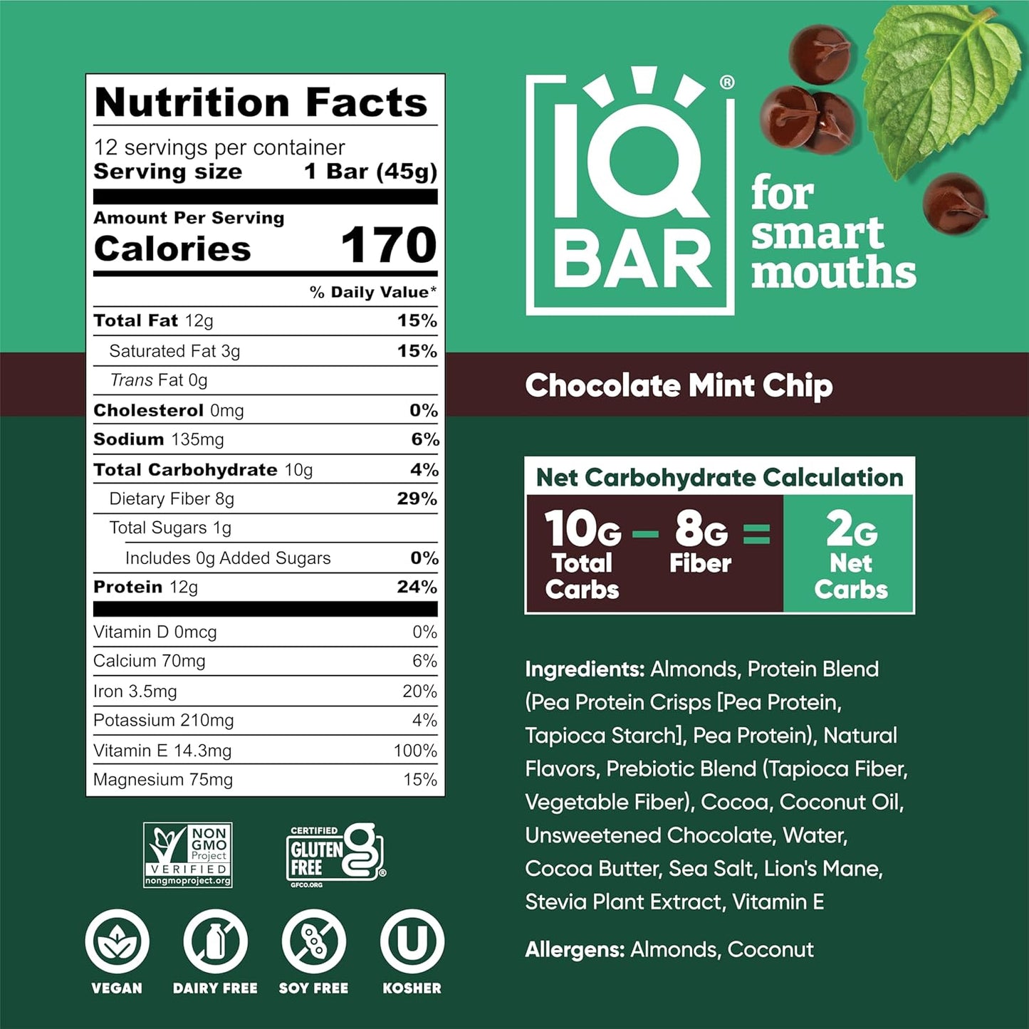 IQBAR Brain and Body Plant Protein Bars - Chocolate Mint Chip - 36-Count Low Carb - Gluten Free, High Fiber, Vegan Snacks - Low Sugar Meal Replacement