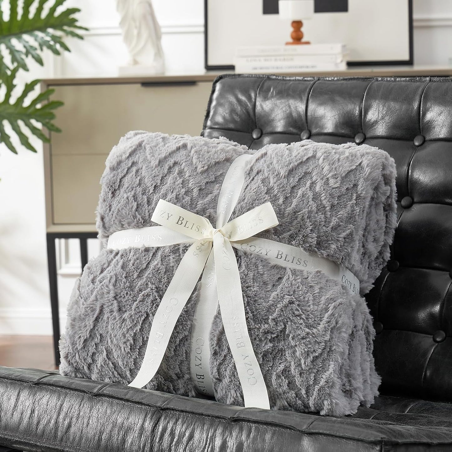 Cozy Bliss Faux Fur Throw Blanket for Couch - Soft Fuzzy Cozy Throw Gift Blankets for Women,Grey Boho Blanket for Sofa Bedroom Living Room.60 * 80 Inches