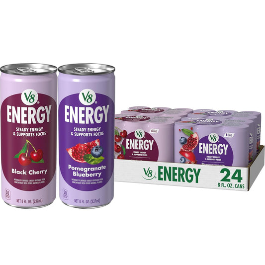V8 +Energy Black Cherry and Pomegranate Blueberry Juice Energy Drinks, 8 fl oz Can (24 Pack)