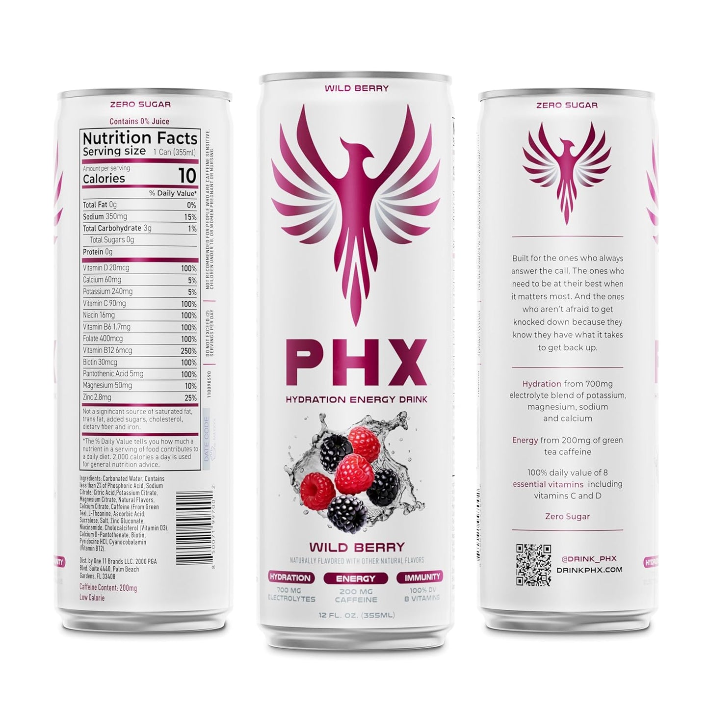 PHX Hydration Energy Drink - 700mg Electrolytes, 200mg Natural Green Tea Caffeine, 100% Daily Value 8 Essential Vitamins - 12 oz Cans (12 Pack) (12 Pack, Wild Berry)