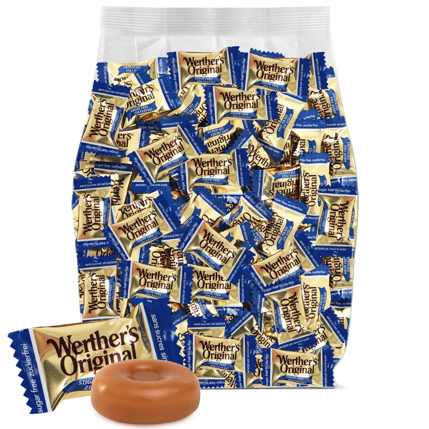 Werther's Original Hard Sugar Free Caramel Candy, Individually Wrapped Healthy Sweet Caramel Bites for Guilt-Free Pleasure, Melts in Your Mouth in a Satisfying Creamy Way, 1lb