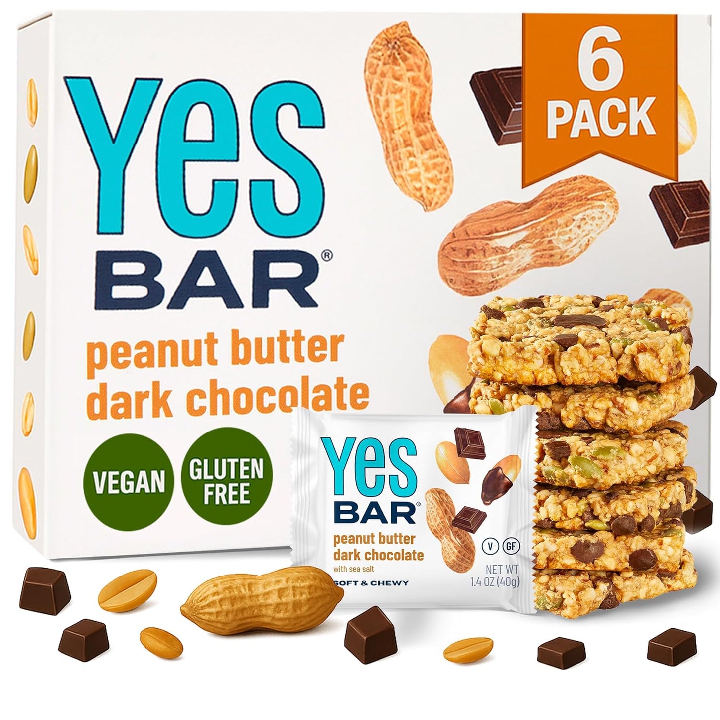 The YES Bar Peanut Butter Dark Chocolate – Plant Based Protein, Decadent Snack Bar – Vegan, Gluten Free, Dairy Free, Low Sugar, Healthy Snack, Breakfast, Low Carb, Keto Friendly (Pack of 6)