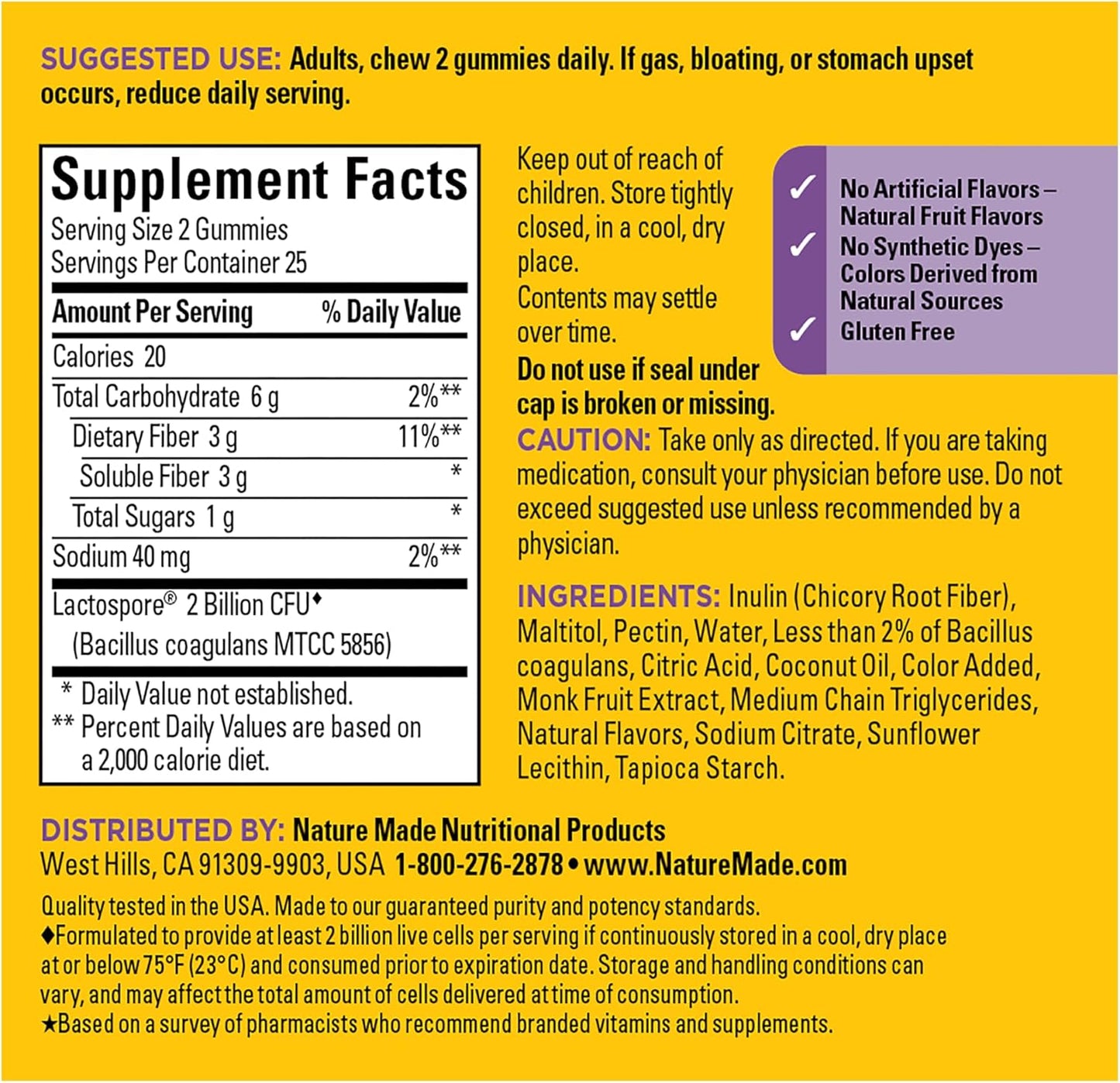 Nature Made Probiotic + Prebiotic Fiber Gummies, Gut Health, Fiber Supplement and Probiotics for Digestive Health, 50 Gummies, 25 Day Supply