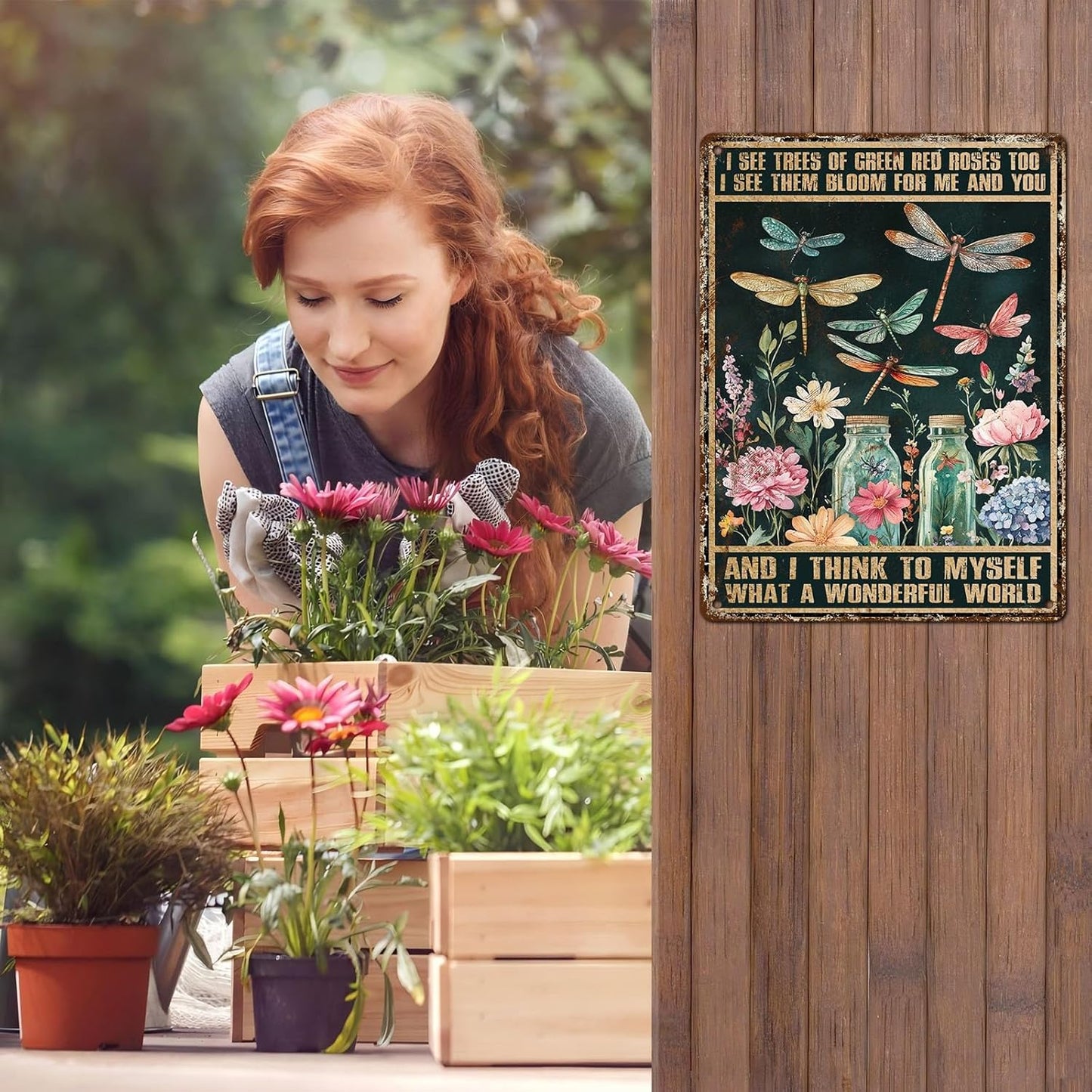 Dragonfly Decor And I Think To Myself What A Wonderful World Vintage Metal Tin Sign Decorative Plaque Poster 12 * 16inch